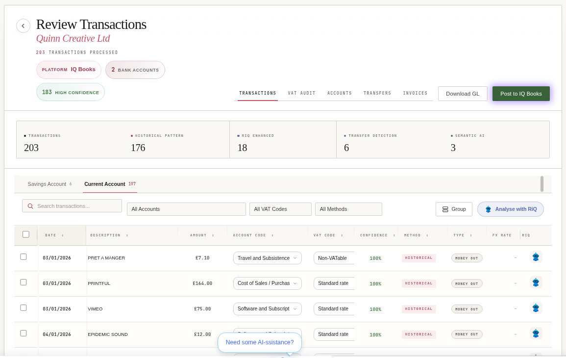 CodeIQ coded transactions with real merchants mapped to accounts and VAT codes at 100 percent confidence