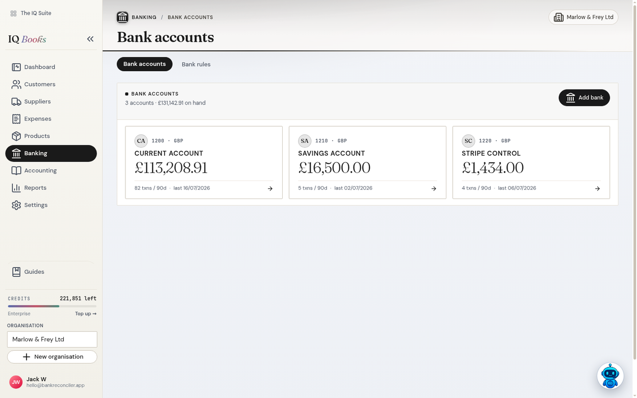IQ Books bank accounts screen showing three accounts with balances and transaction counts