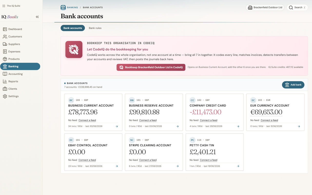 IQ Books bank accounts screen showing seven accounts with balances and transaction counts