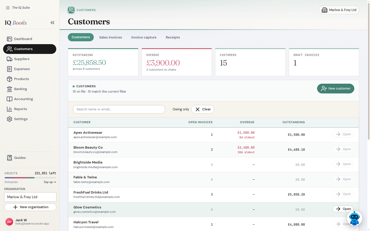 IQ Books customers screen with outstanding and overdue balances and per-customer open invoices