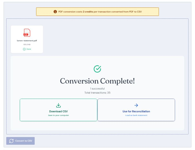 A completed PDF conversion showing 35 extracted transactions with download and reconcile options