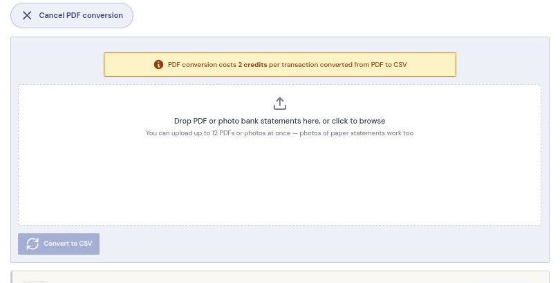 The ReconcileIQ PDF converter upload area accepting PDF and photo bank statements