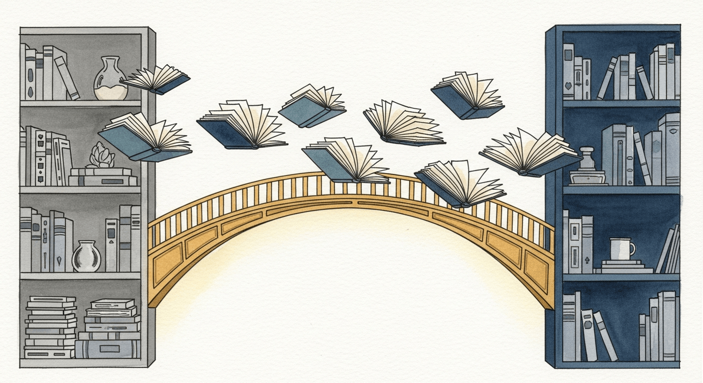 Watercolour illustration of ledger books crossing a bridge of light from one shelf to another
