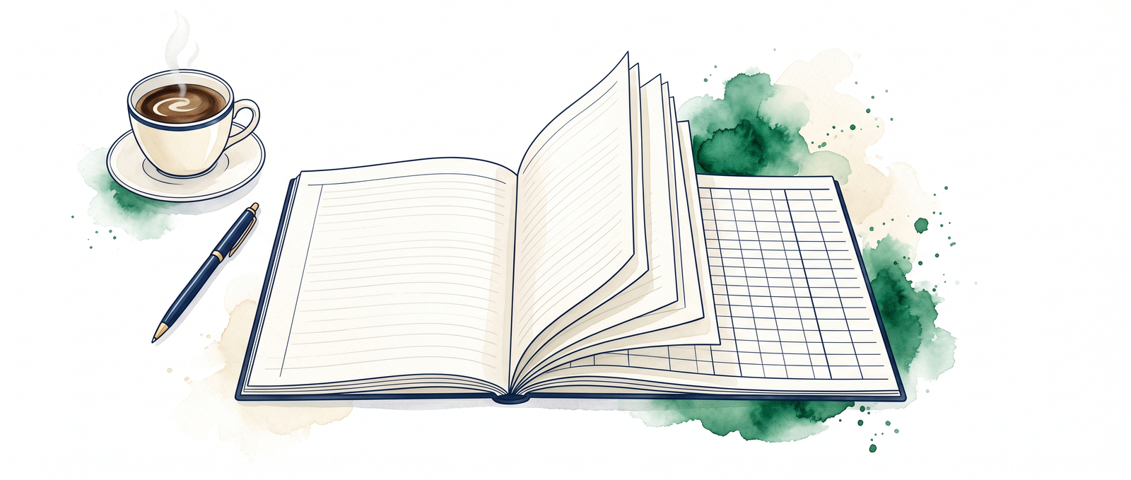 Watercolor illustration of an open green ledger book whose pages fan out into an empty spreadsheet grid