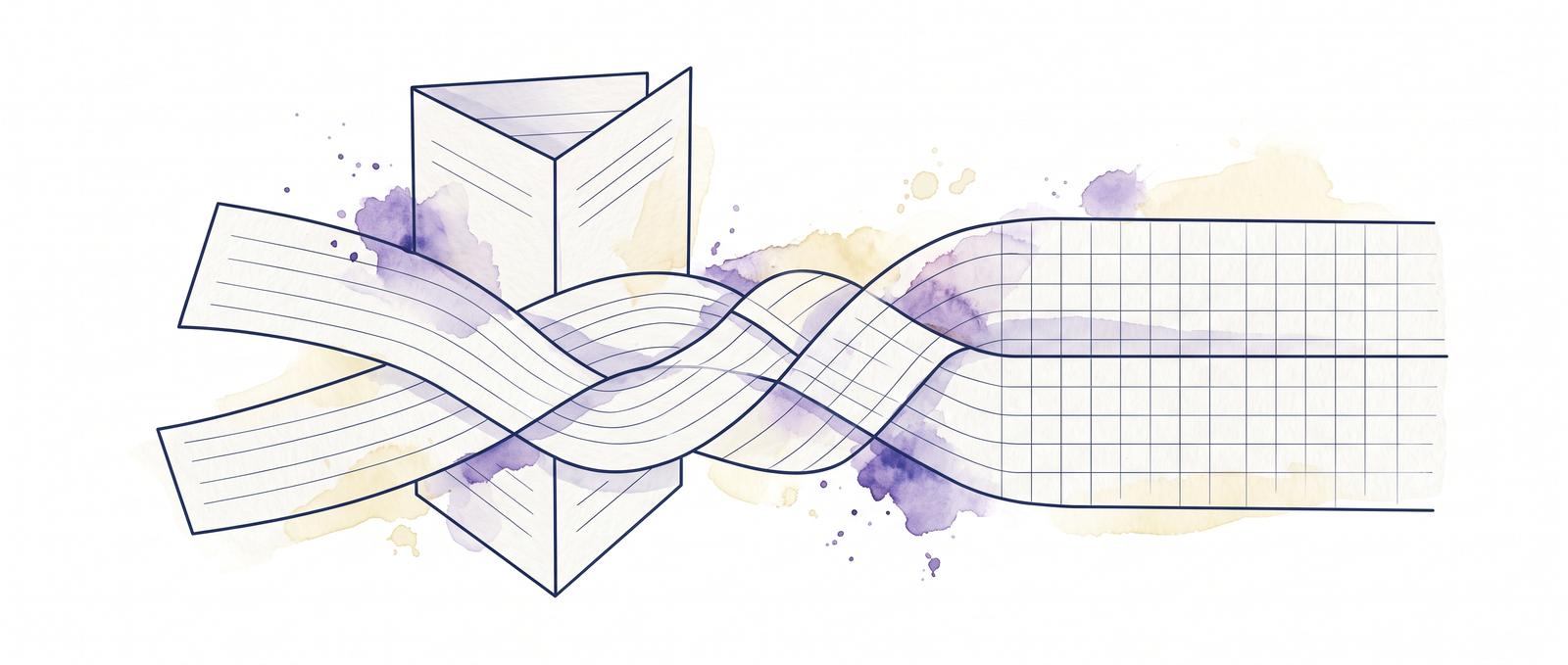 Watercolor illustration of two ribbons of ruled paper braiding into a single column of spreadsheet rows