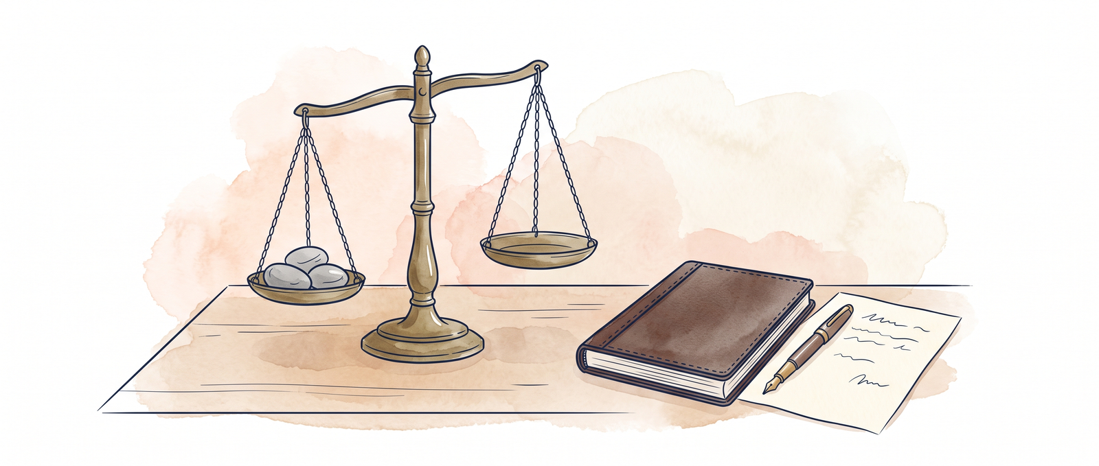 A brass balance scale with pebbles on one pan beside a closed ledger and a fountain pen on an oak desk.