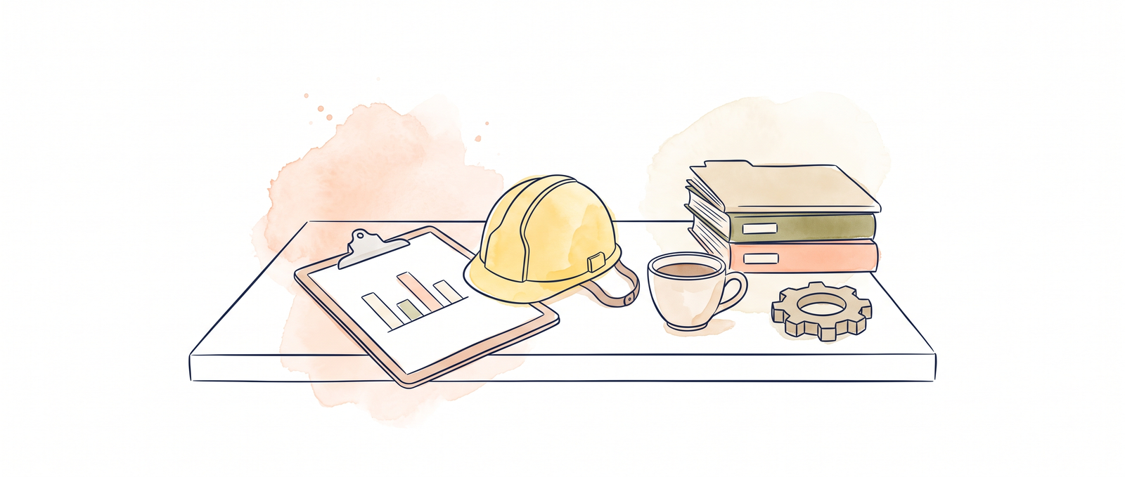 A workshop office bench with a clipboard showing a simple bar chart, a hard hat, a cup of coffee, stacked folders and a gear wheel.