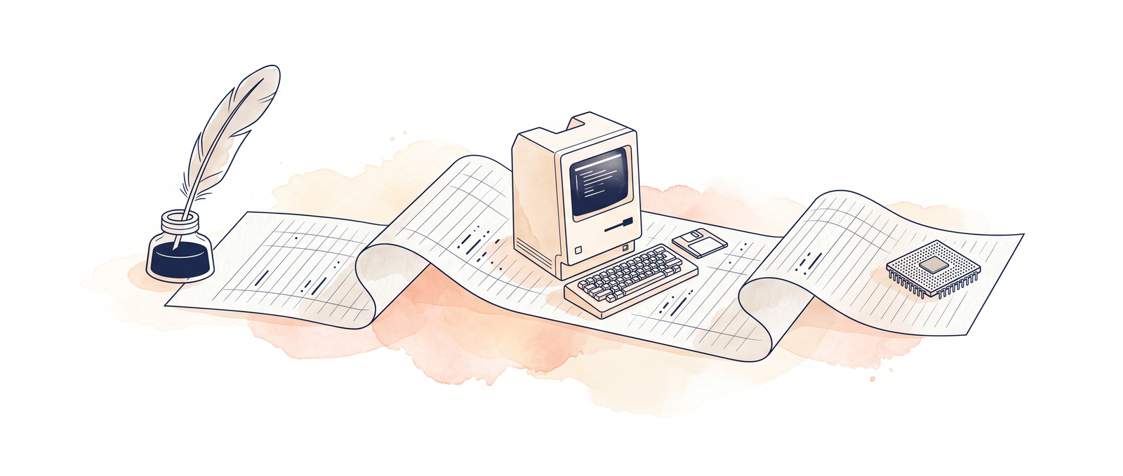 Watercolour illustration of a long ledger page unrolling from a quill pen past an early desktop computer to a small modern chip