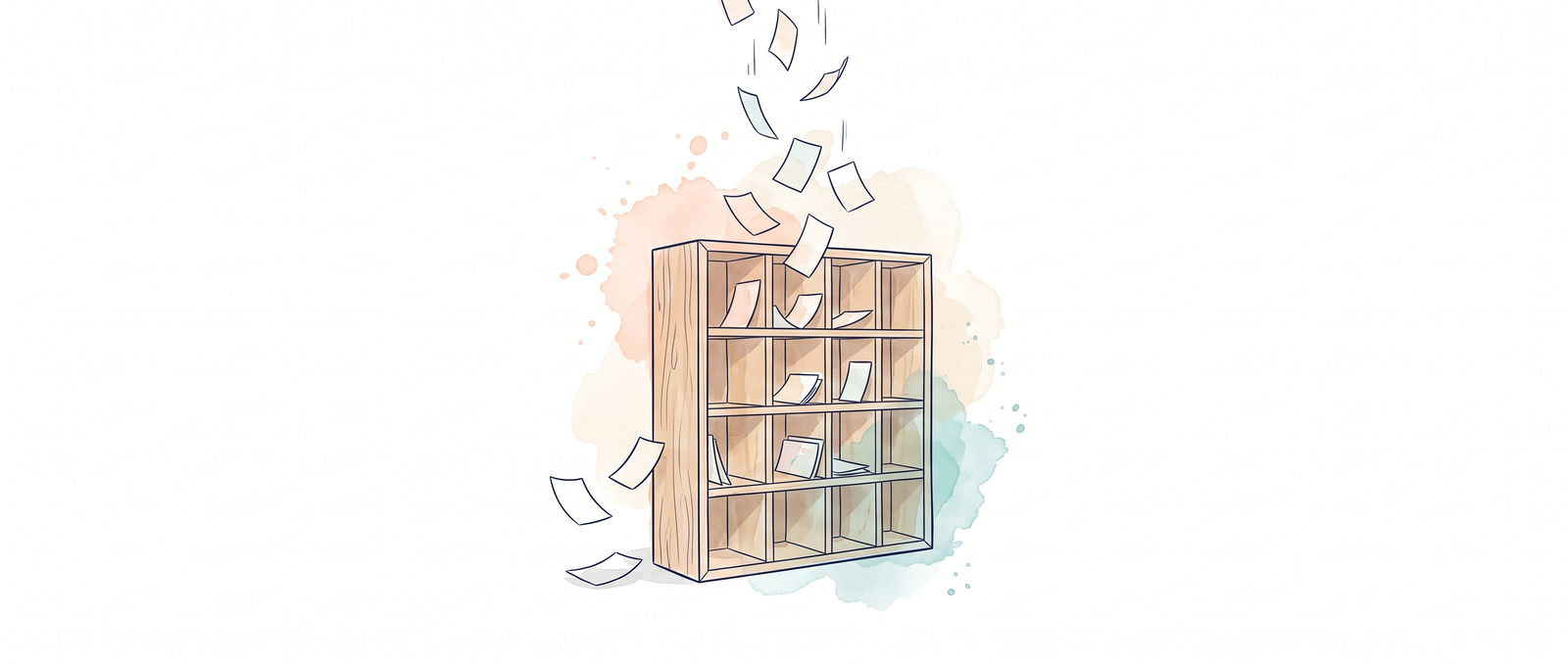 Watercolour illustration of a sorting frame of small labelled pigeonholes catching some falling slips while others drift past