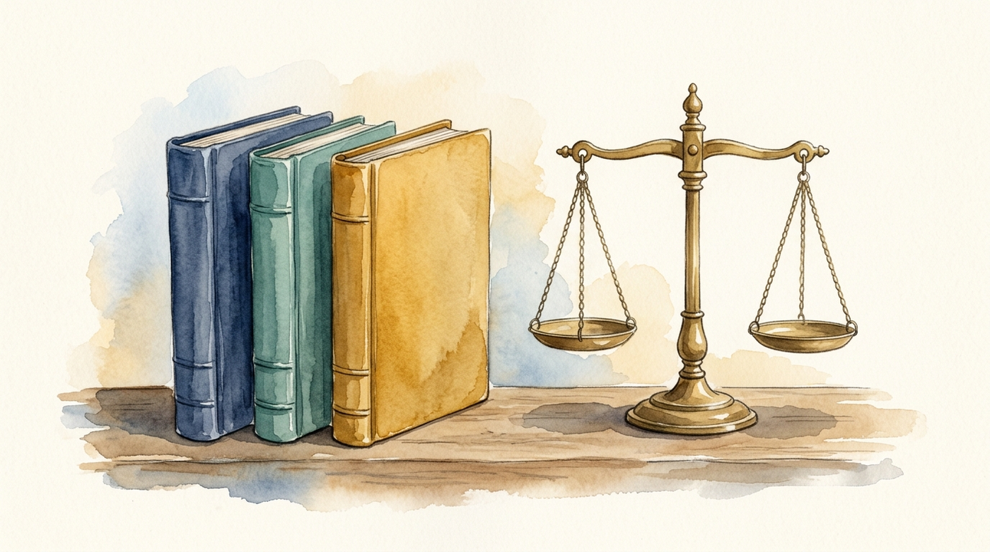 Watercolour illustration of three ledgers side by side on a desk, with a pair of brass scales weighing them