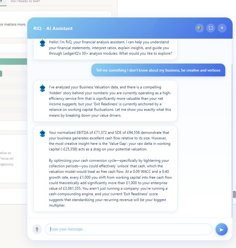 RiQ assistant answering questions about the loaded general ledger