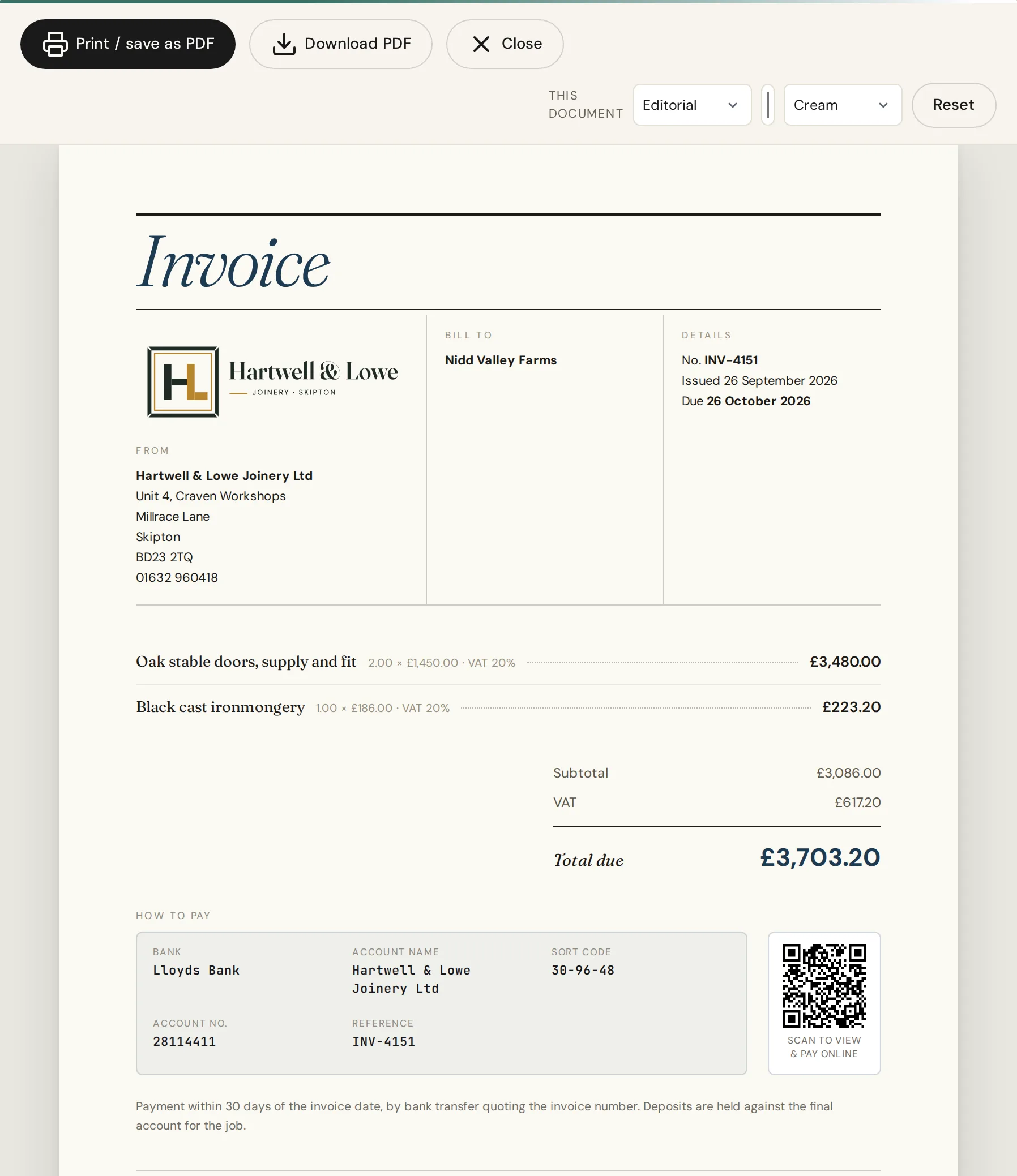 An IQ Books invoice in the Editorial design, with bank details and a scan-to-pay QR code