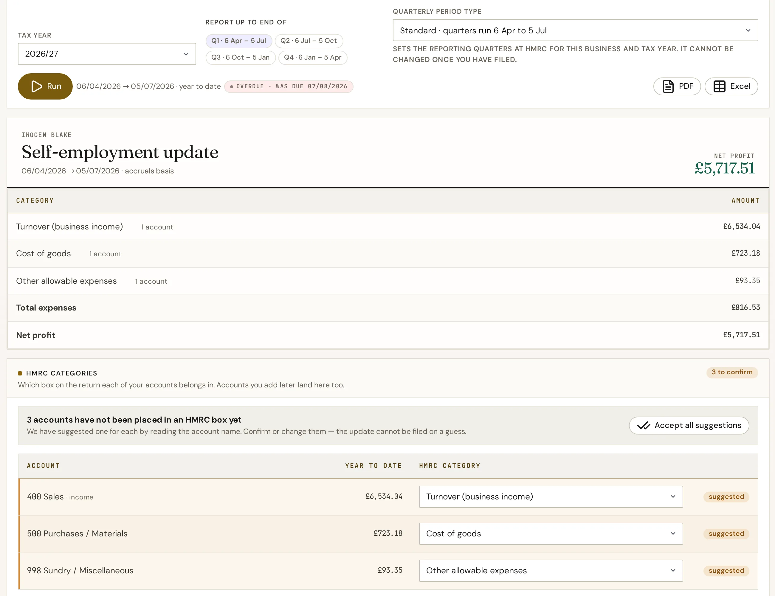 The IQ Books MTD for Income Tax screen for a sole trader: the quarter, the update summary and the HMRC category mapping
