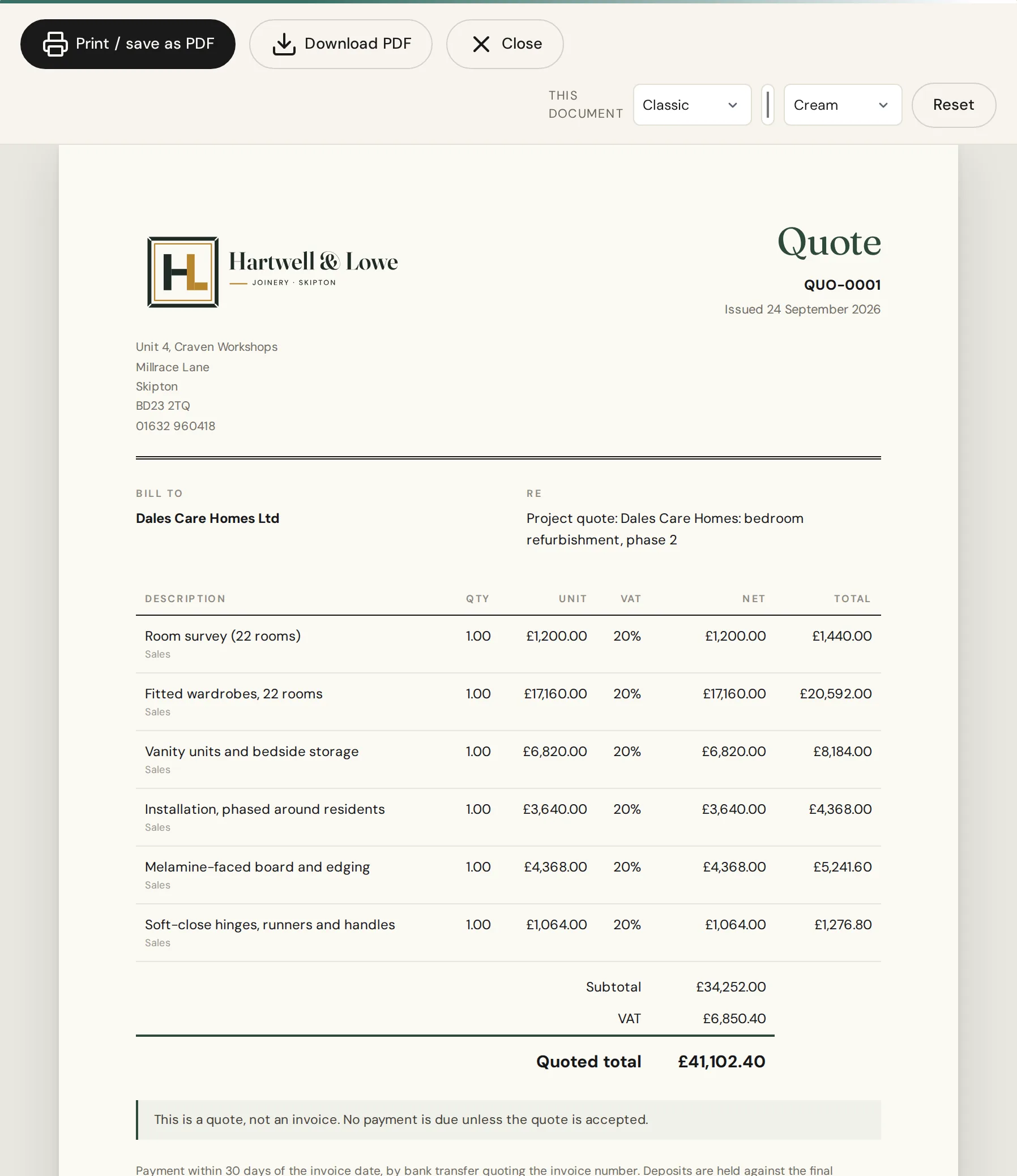 An IQ Books quote in the Classic design, marked as a quote and not an invoice