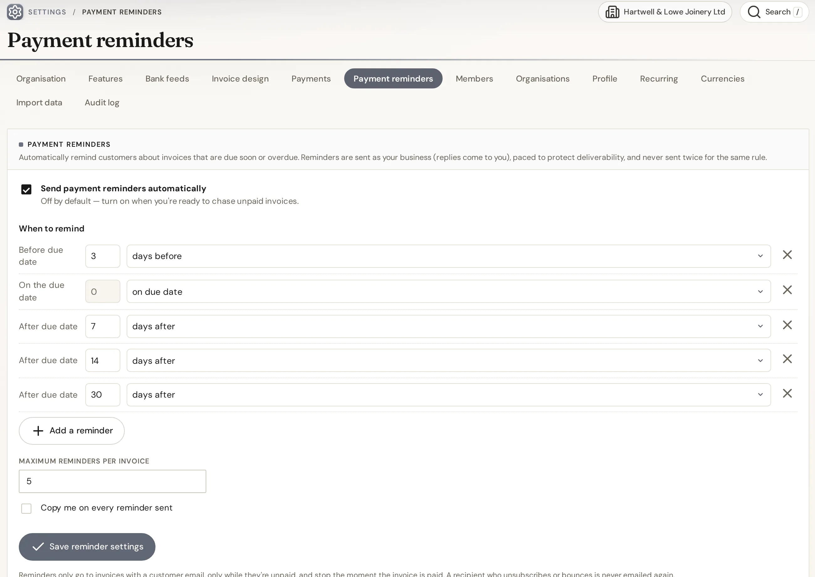 IQ Books payment reminder settings: reminders before the due date, on it, and 7, 14 and 30 days after