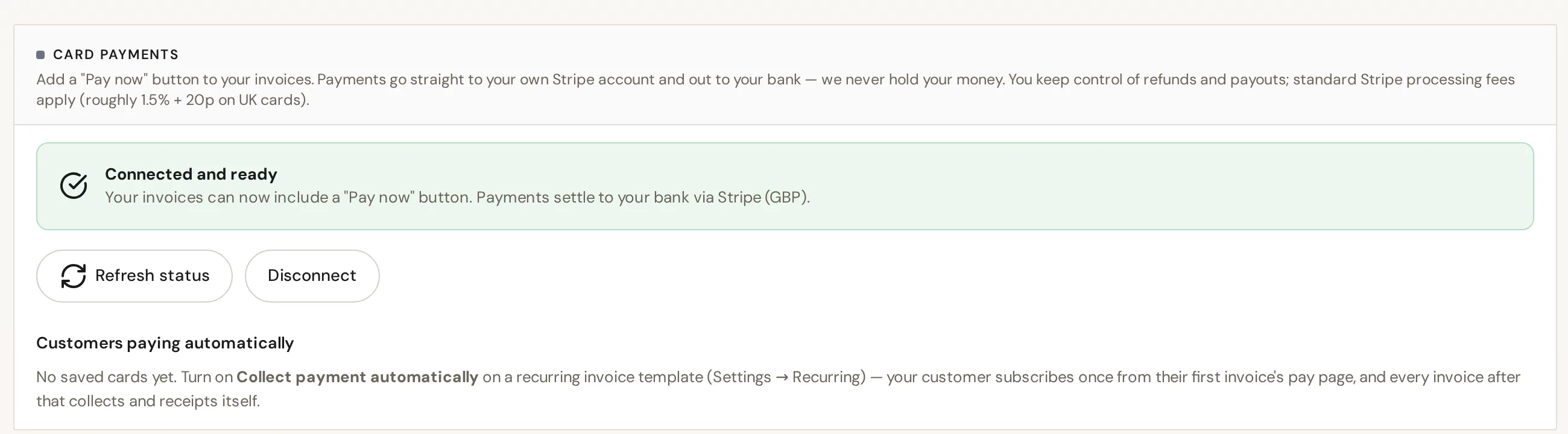 IQ Books payment settings: Stripe connected and ready, so invoices carry a Pay now button and card payments settle to your own bank