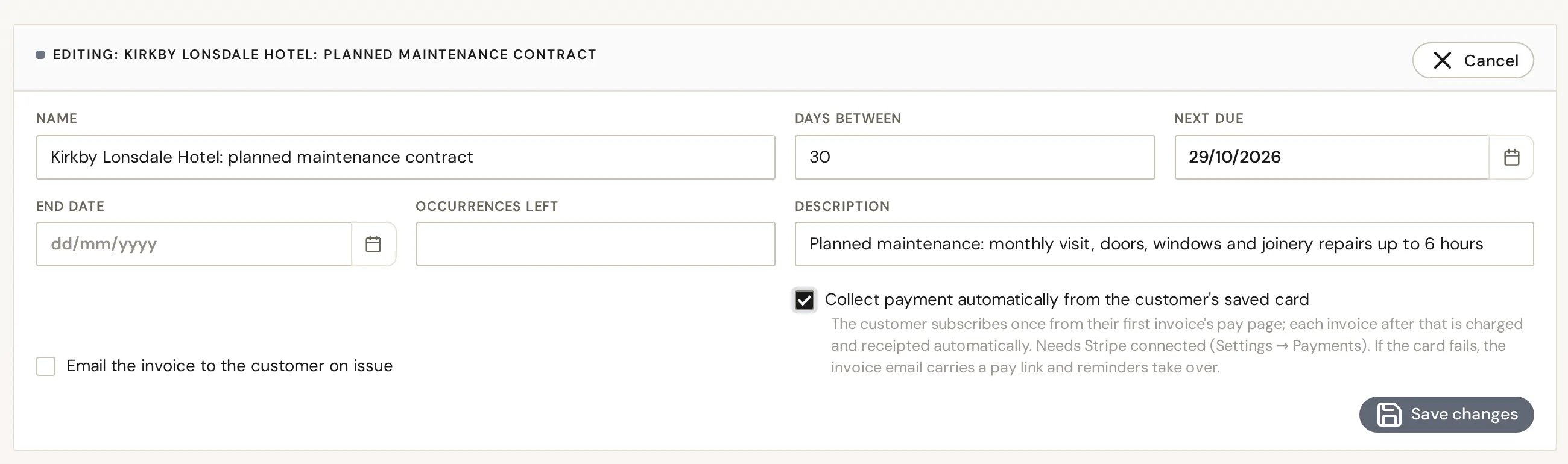 A recurring invoice template set to collect payment automatically from the customer’s saved card